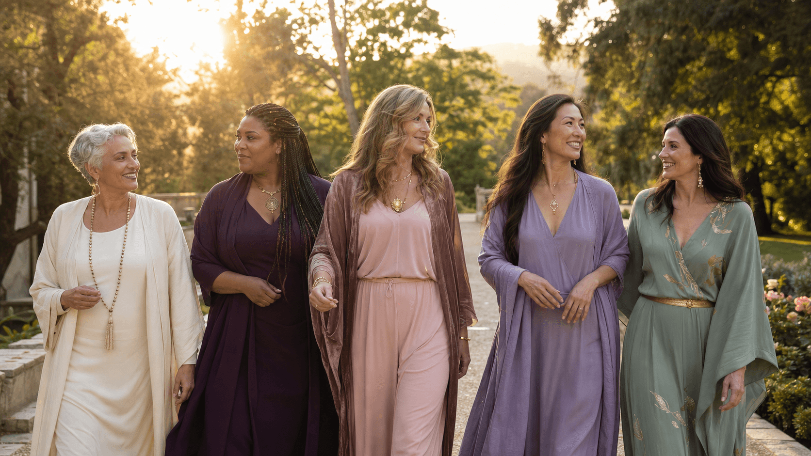 Five women walking forward together at sunrise