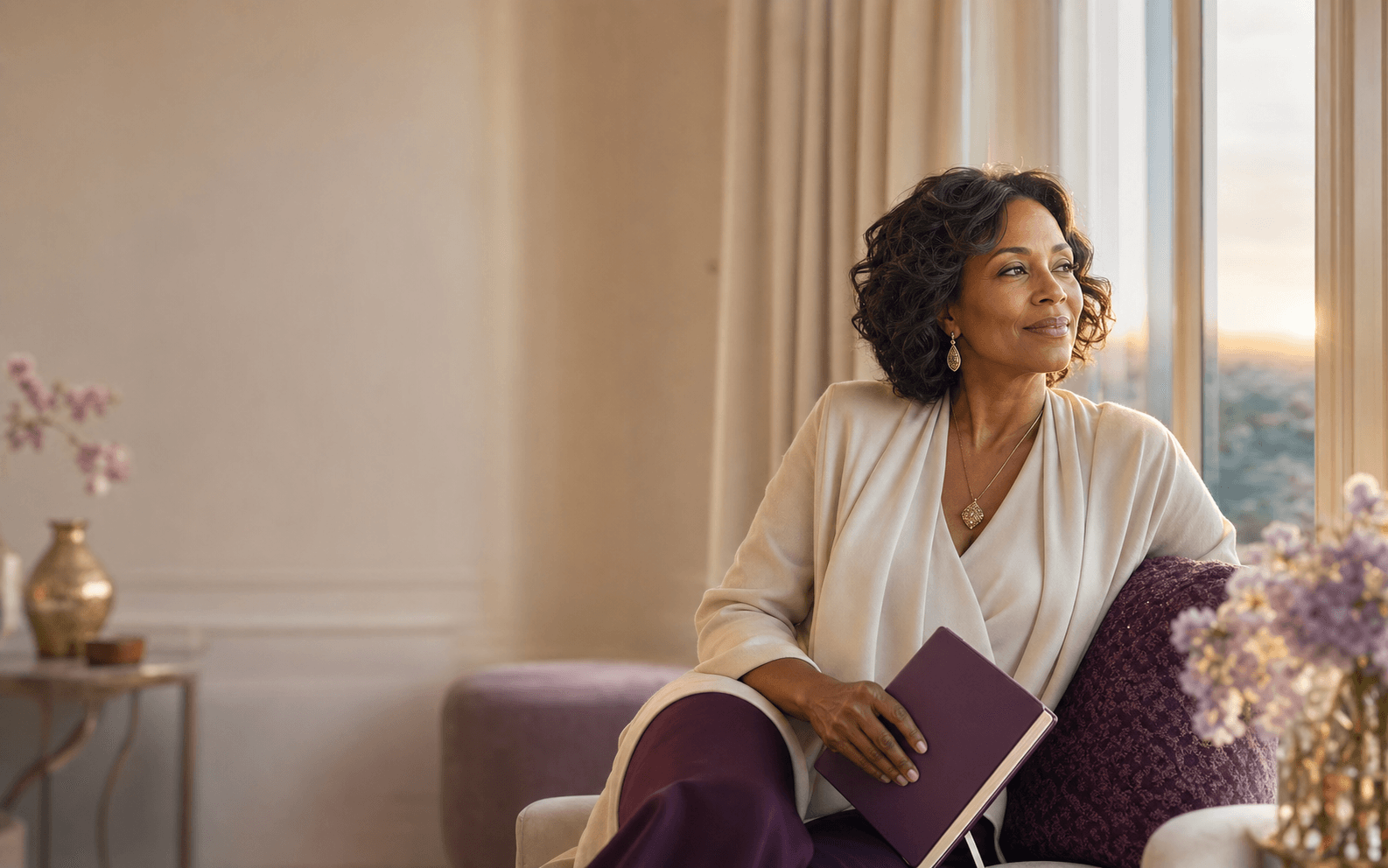 A woman reflecting with her journal in a warm, peaceful room
