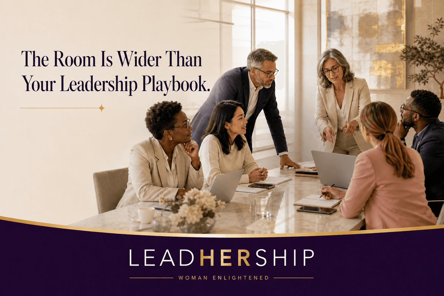 A multigenerational leadership team collaborates around a sunlit conference table beneath the words, The Room Is Wider Than Your Leadership Playbook.