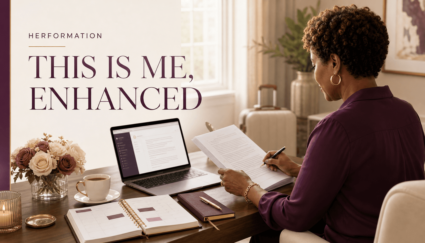 A Black woman writing at a desk with her manuscript, laptop, and a planner that protects time for both meaningful work and intentional rest.