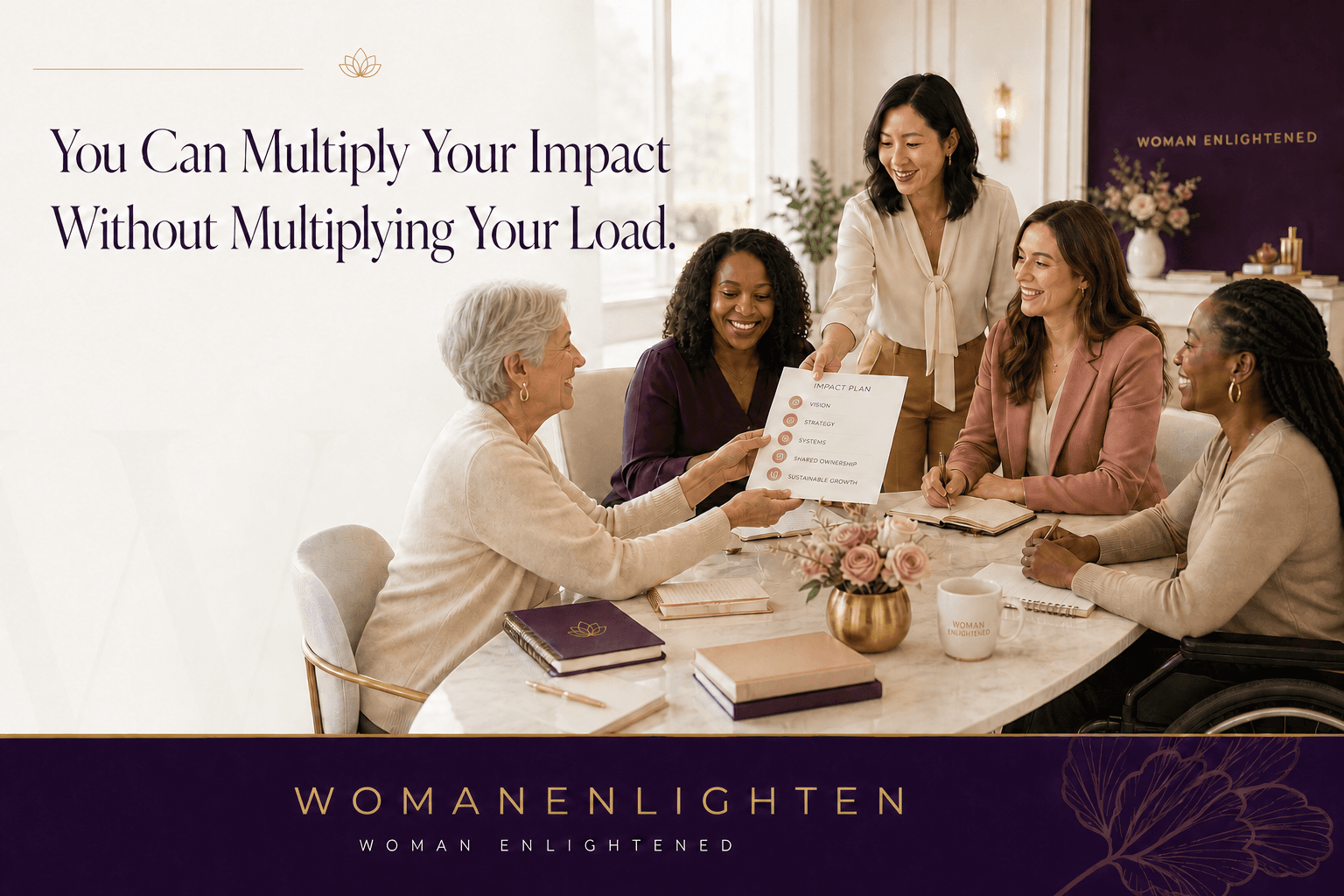 Women sharing ideas and responsibility around a sunlit table with plum, champagne gold, rose, and ivory details.