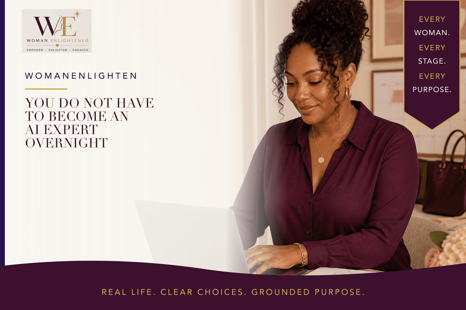 A Black woman builds practical AI skills at a warm home workspace beneath the title You Do Not Have to Become an AI Expert Overnight.