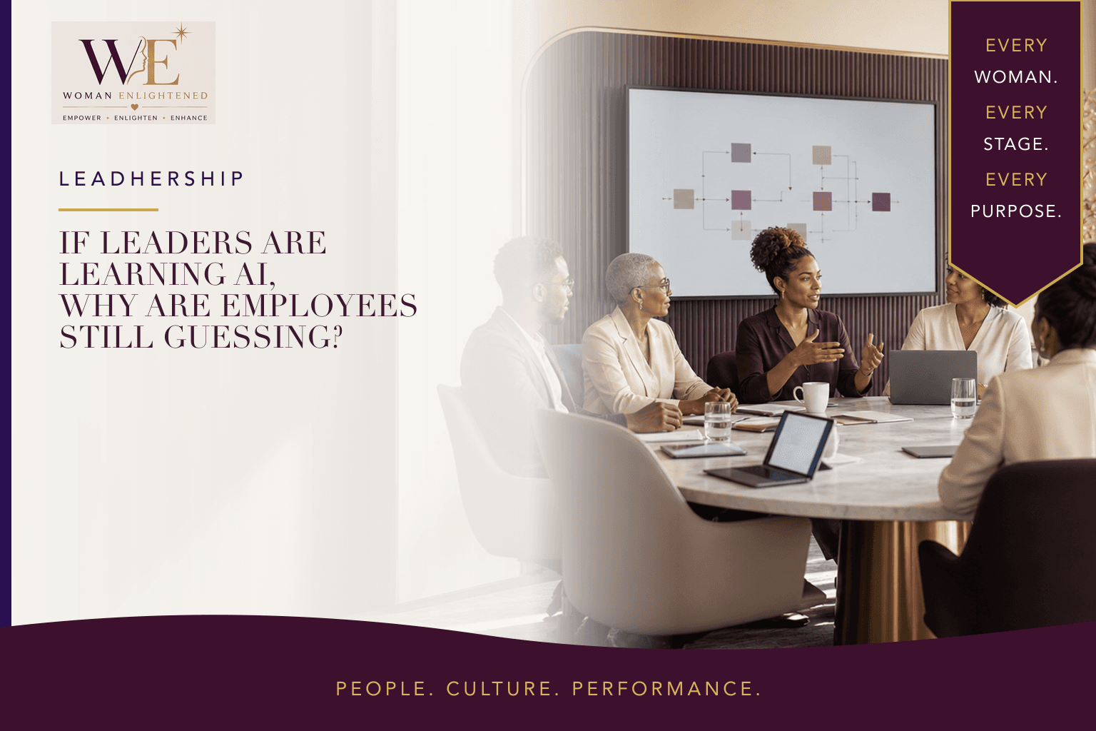A multigenerational executive team discusses an AI-supported workflow beneath the question If Leaders Are Learning AI, Why Are Employees Still Guessing?