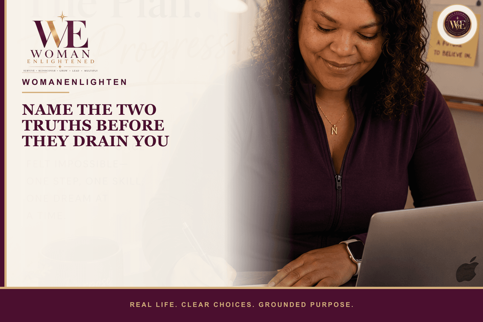 A woman separates a celebration list from a task list beneath the title Name the Two Truths Before They Drain You.