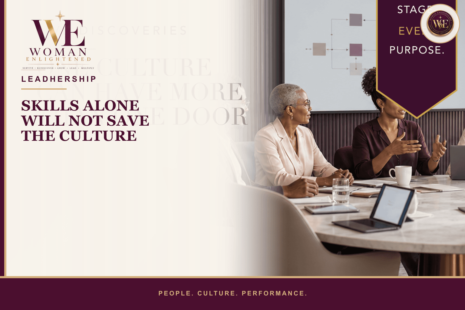 A multigenerational team learns new skills together beneath the title Skills Alone Will Not Save the Culture.
