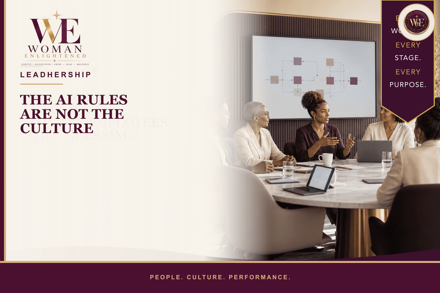 A diverse leadership team discusses AI guidance around a conference table beneath the title The AI Rules Are Not the Culture.