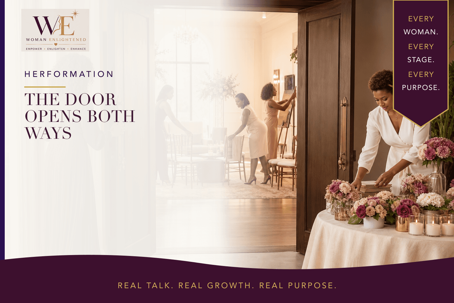 Black women prepare an elegant gathering together as one holds open tall wooden doors beneath the title The Door Opens Both Ways.