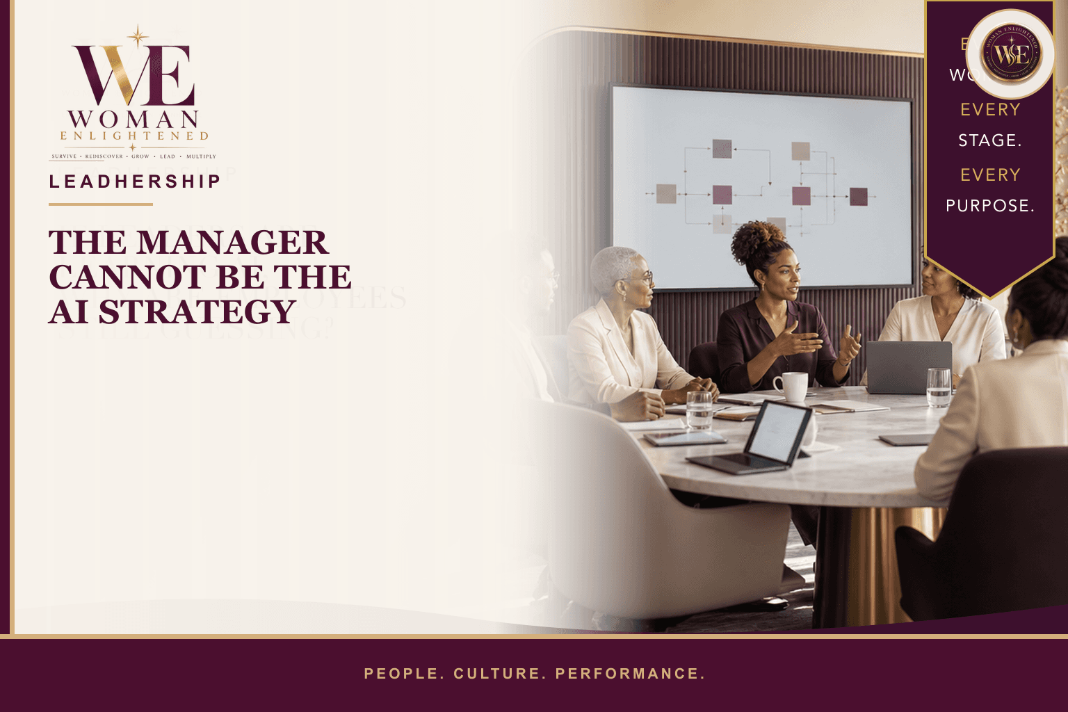 A diverse group of managers and executives review AI adoption decisions beneath the title The Manager Cannot Be the AI Strategy.