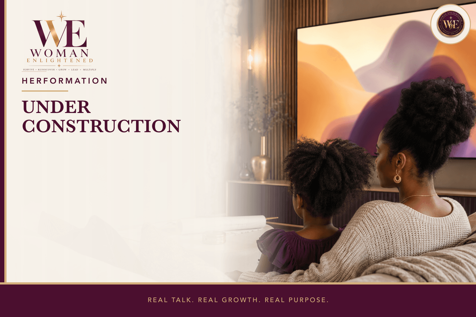 A Black woman and young girl watch abstract colorful shapes on a screen in a warm room with subtle renovation details beneath the title Under Construction.