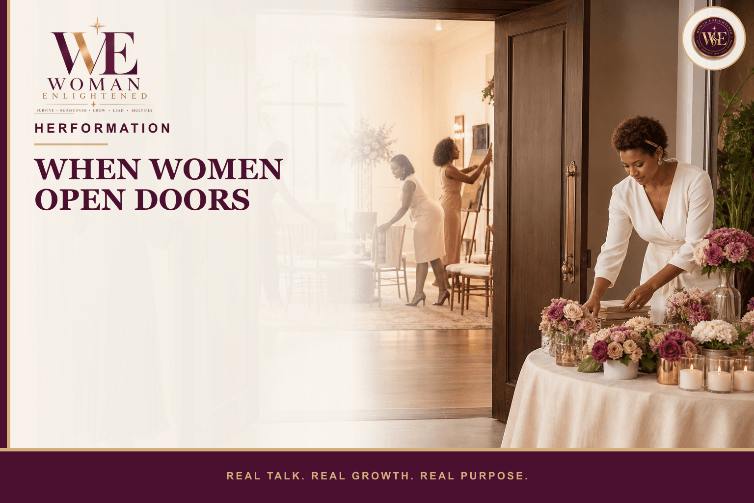 A warm gathering of diverse women prepare a beautiful event table together beneath the title When Women Open Doors.